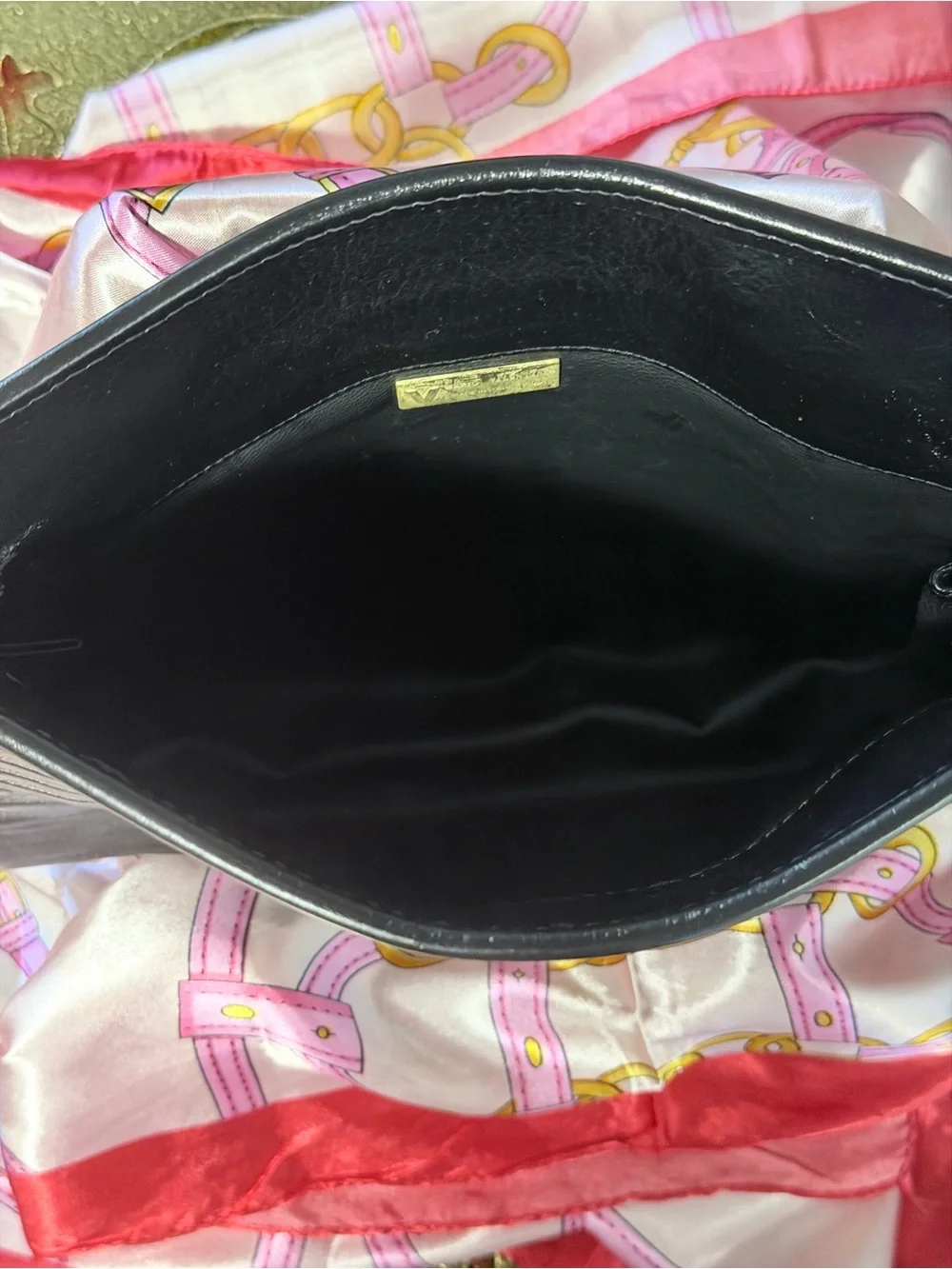 Mario Valentino Black Leather Clutch with Gold V Logo